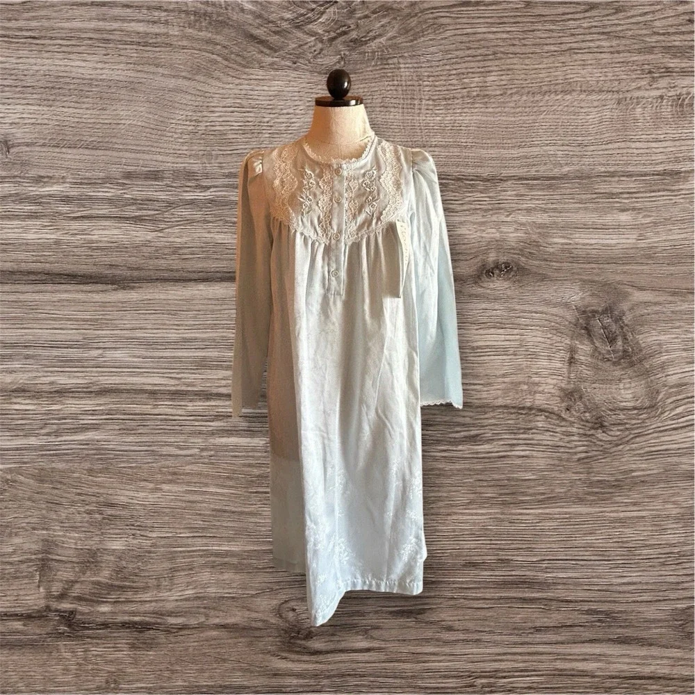 Miss Elaine Vintage Night Flannel lined Dress S NWT Babydoll Blue‎ Cottagecore